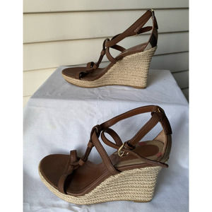 Burberry Brown Leather And Rope Espadrille Wedge Sandals House Check
